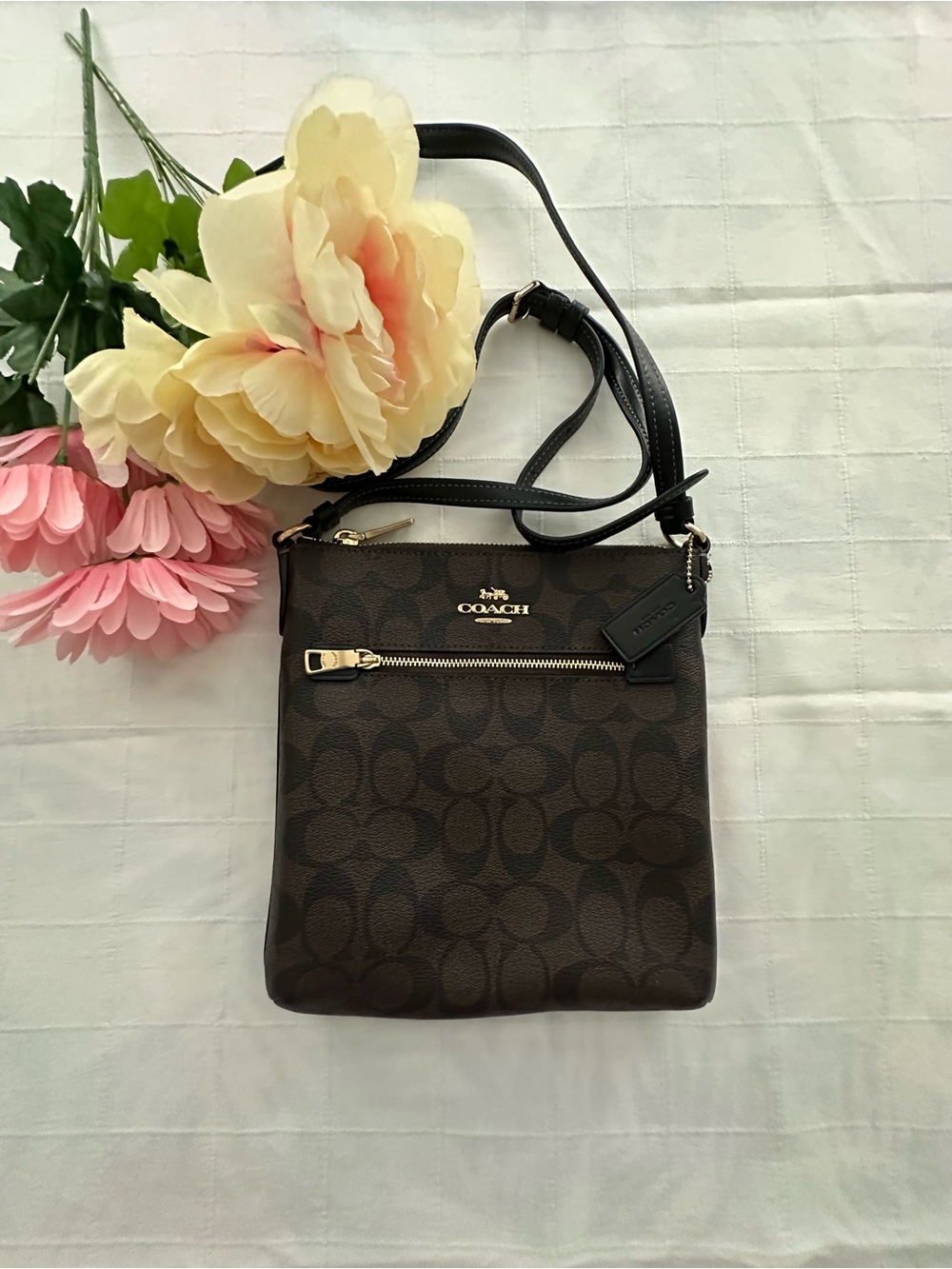 Coach Dark Brown Signature Crossbody Bag with Gold Hardware